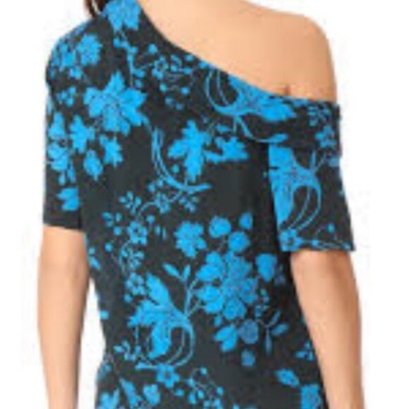 ALC 100% Silk Josephine Blue Floral Print Short Sleeve Top Size 2 Off Shoulder - Picture 2 of 10